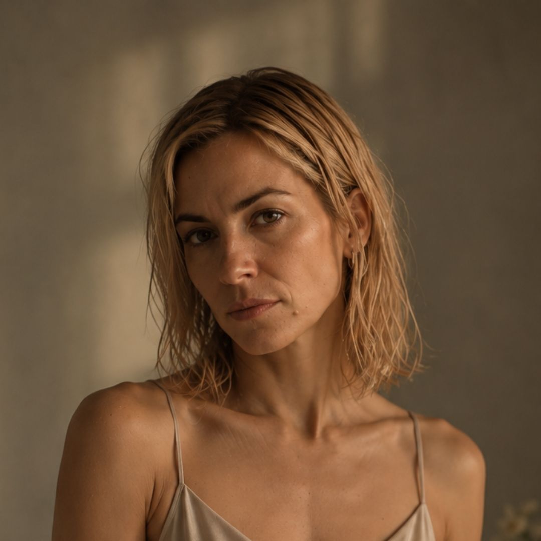 A close-up portrait of a woman with shoulder-length blonde hair wearing a beige spaghetti-strap camisole top against a warm, softly lit neutral background.