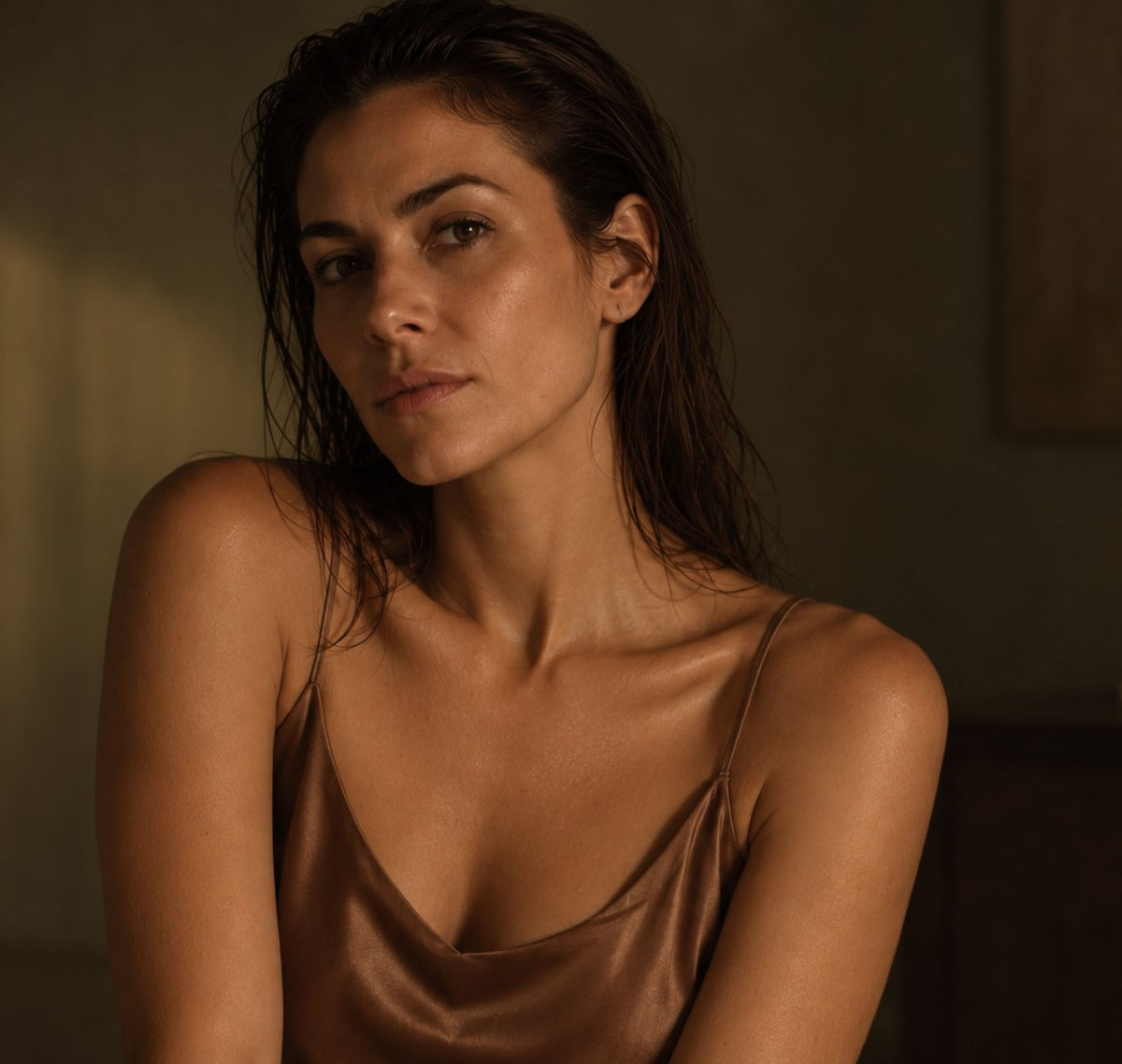 A woman with wet dark hair wearing a satin slip top