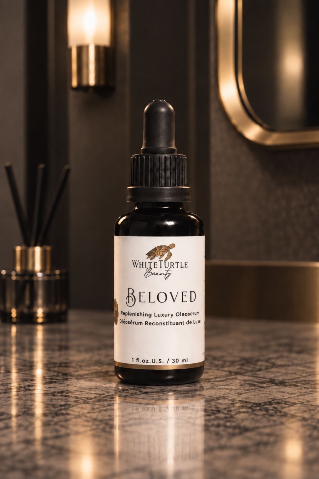 BELOVED_Replenishing_Luxury_Oleoserum_on_countertop in luxurious setting