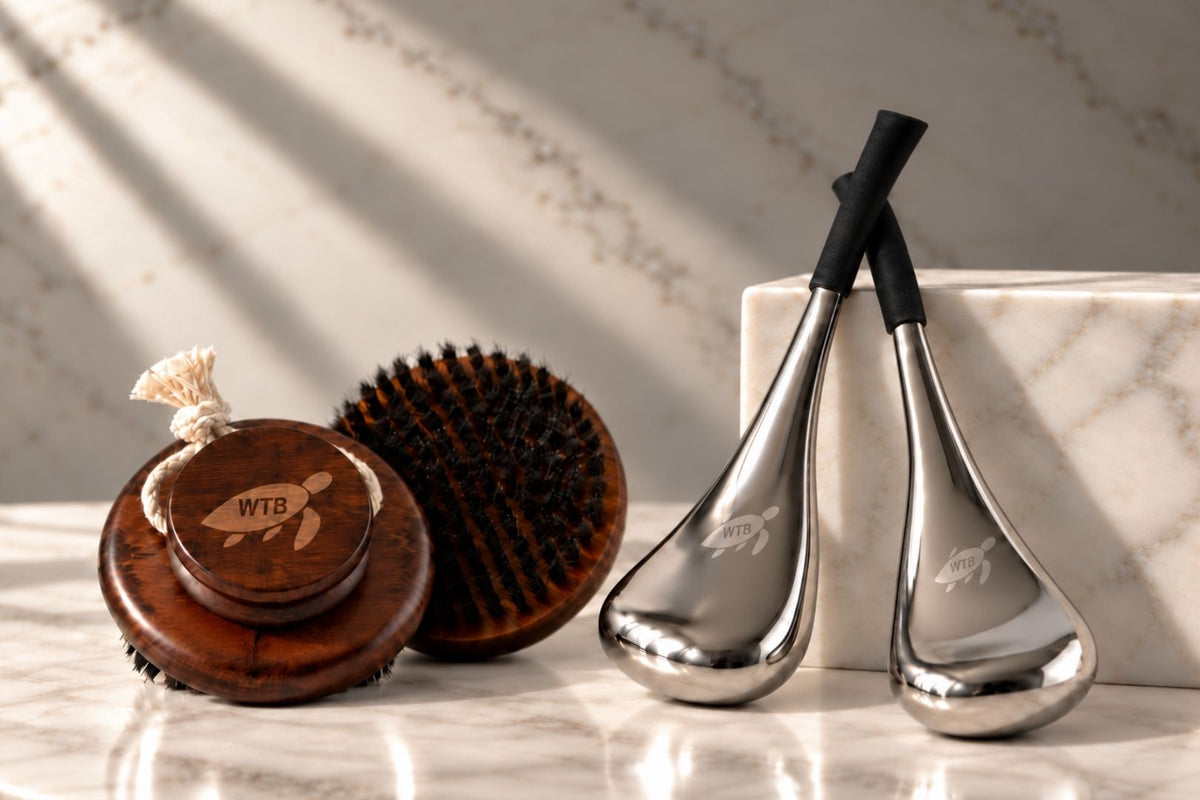 A set of WTB self-massaging massage tools and a wooden brush
