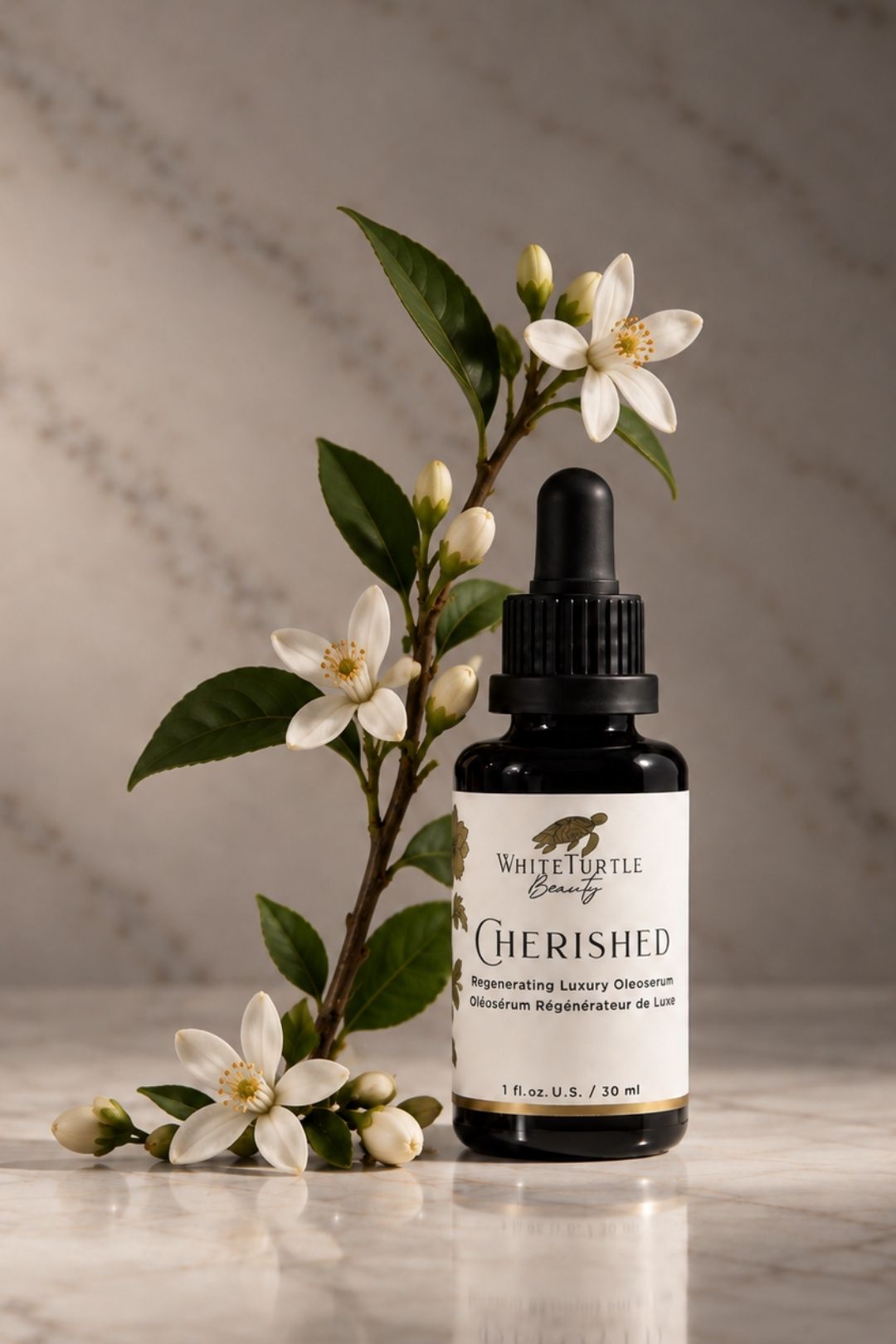 A small dropper bottle labeled White Turtle Beauty Cherished 