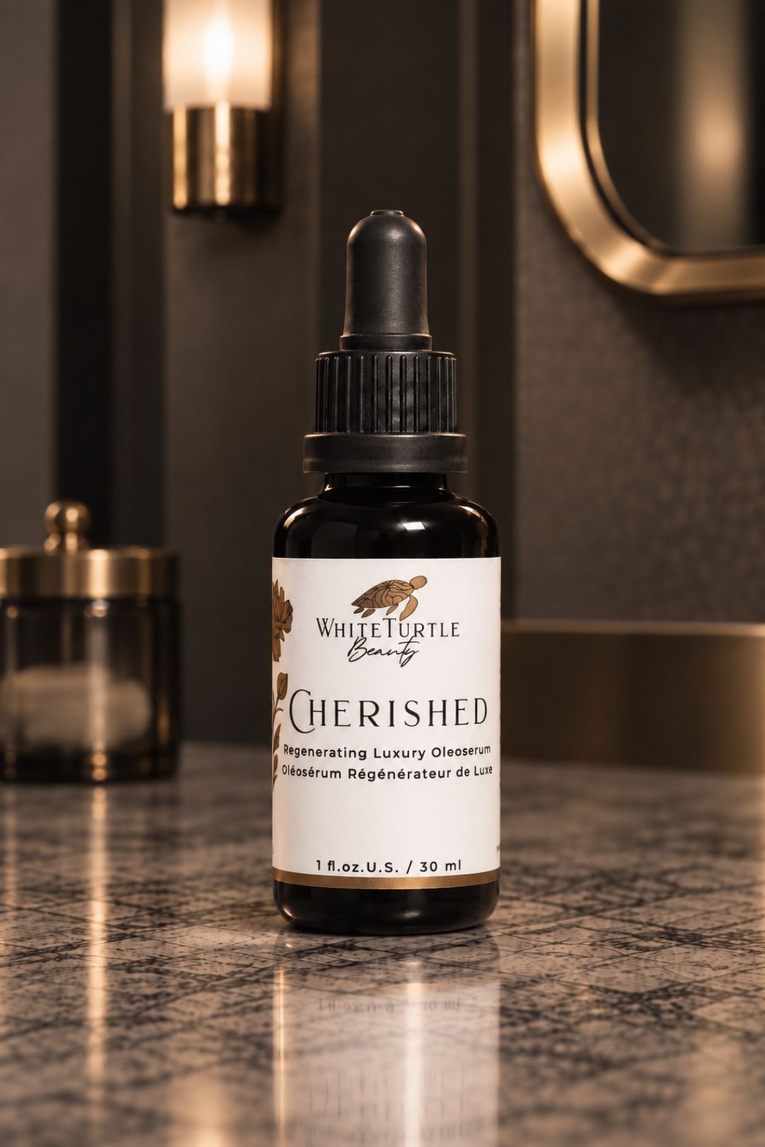 CHERISHED_Regenerating_Luxury_Oleoserum_on_countertop in luxurious setting