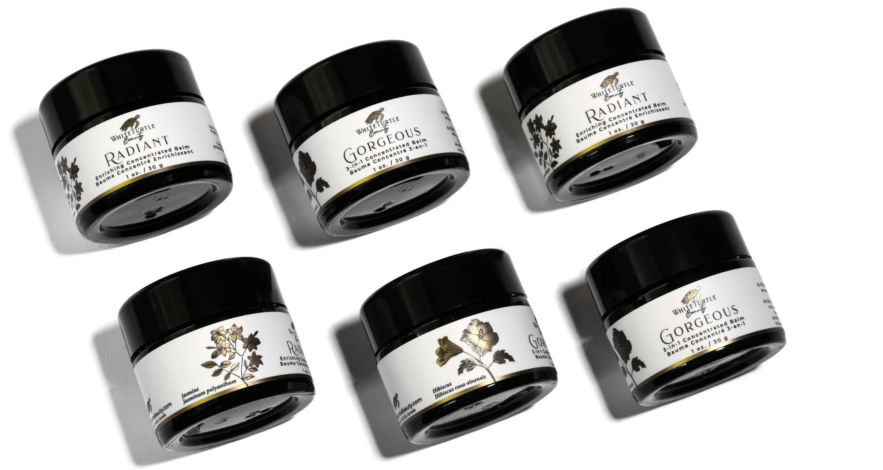 Set of six 'Gorgeous' skincare jars on a white background