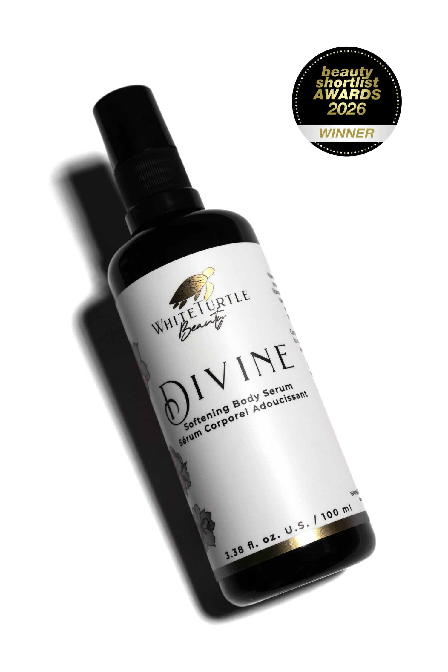 Bottle of Divine body serum from White Turtle Beauty with a 'Winner' badge on a white background