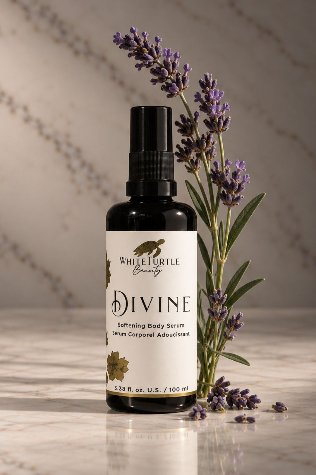 White Turtle Beauty Divine Softening Body Serum in a dark spray bottle