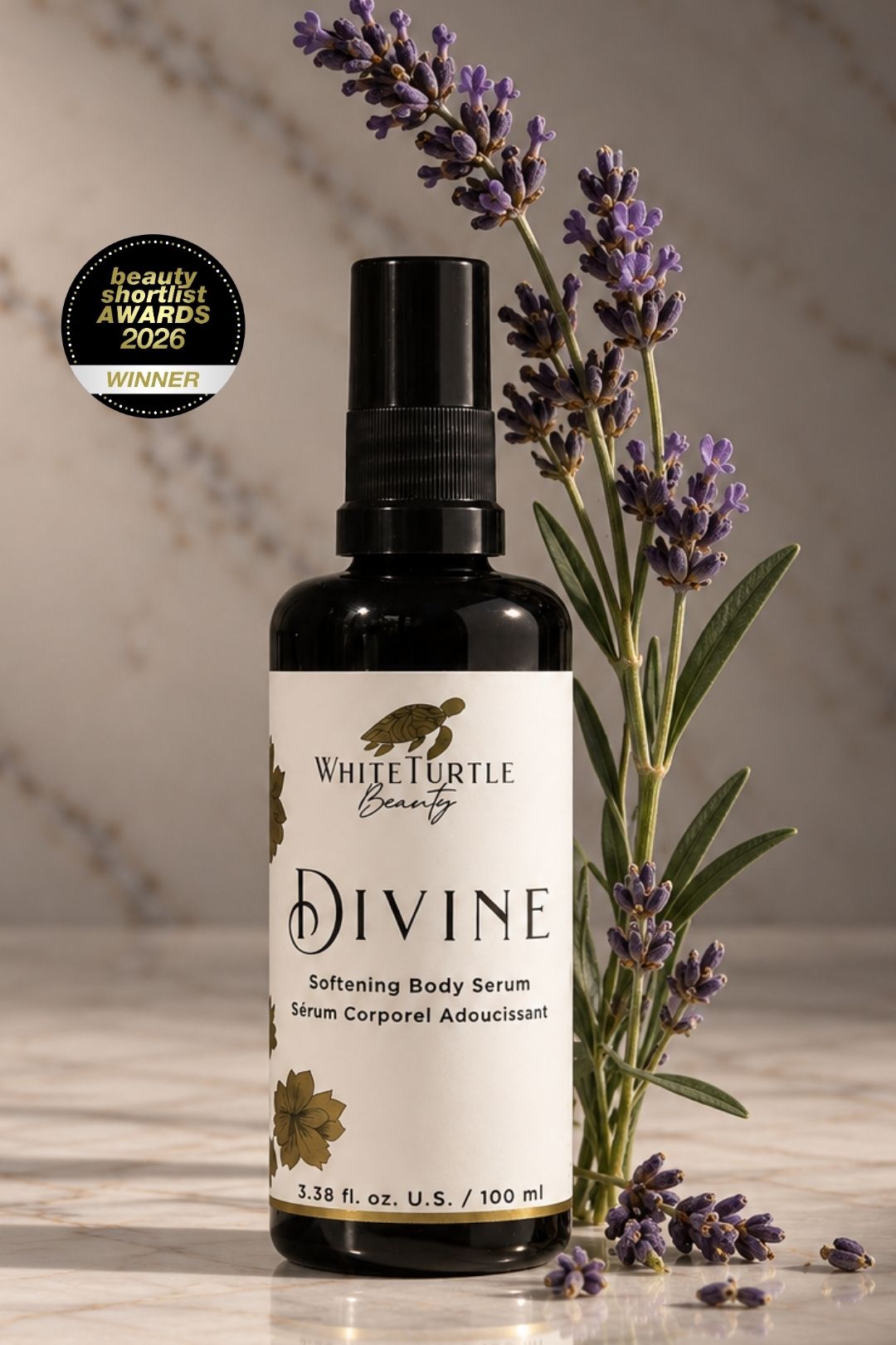 White Turtle Beauty Divine Softening Body Serum with a Beauty Awards 2026 Winner badge