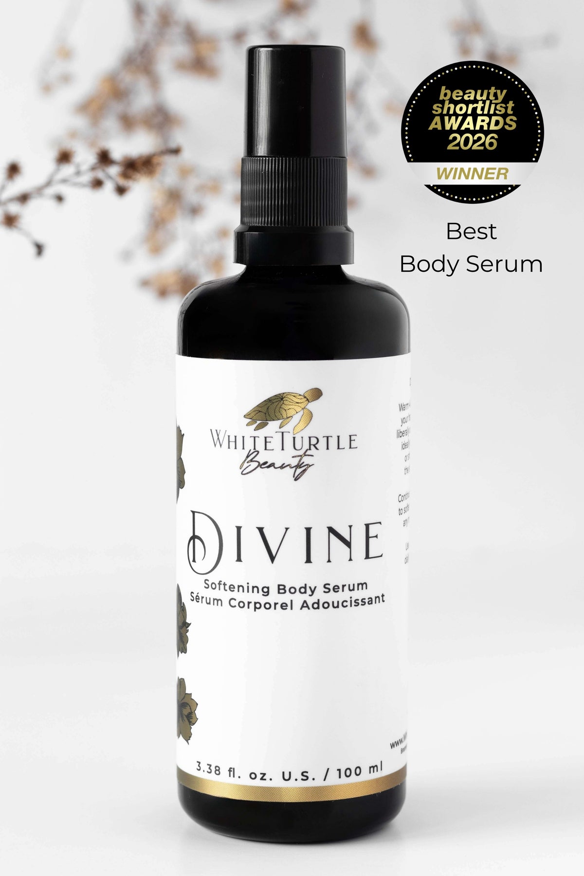 White Turtle Beauty Divine Softening Body Serum bottle with Beauty Shortlist Awards winner badge