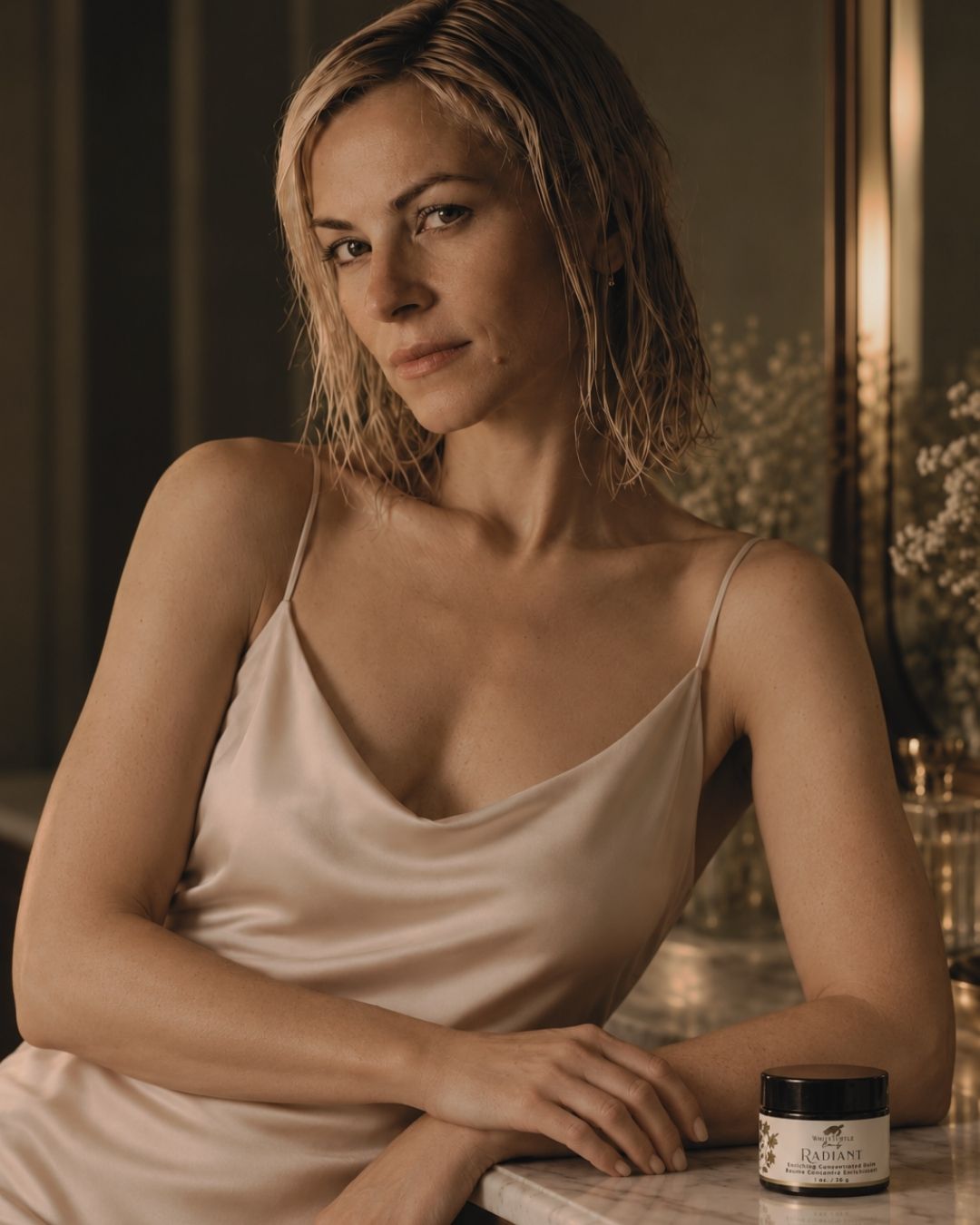 A woman sits indoors wearing a pale champagne satin slip dress.