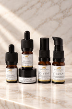 Four White Turtle body care products arranged on a light marble surface: