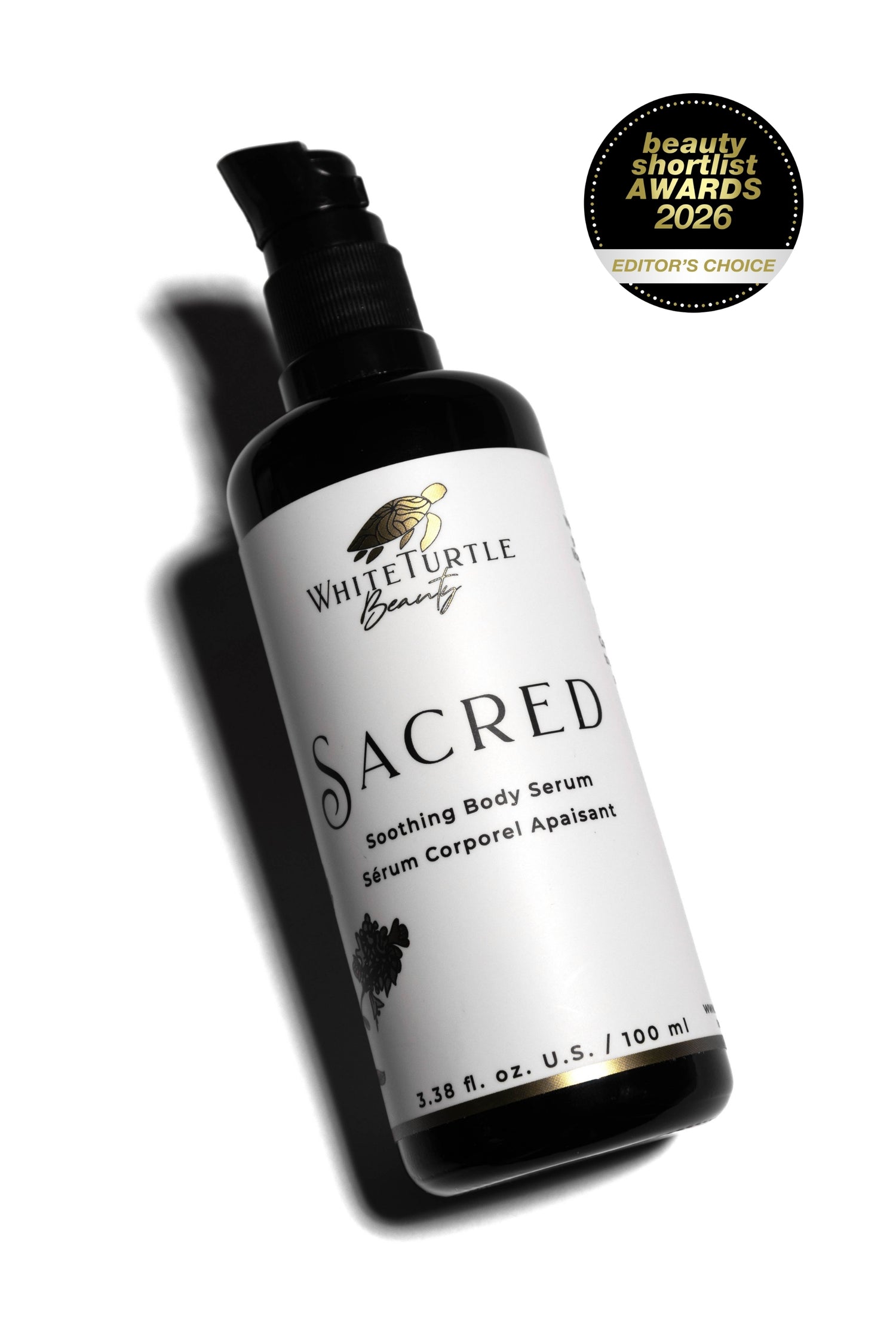 White Turtle Beauty Sacred Soothing Body Serum bottle with a beauty shortlist awards badge on a white background