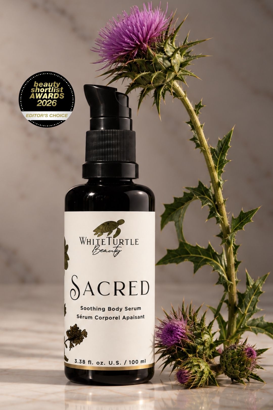 White Turtle Beauty Sacred Soothing Body Serum with a Beauty Awards 2026 Winner badge