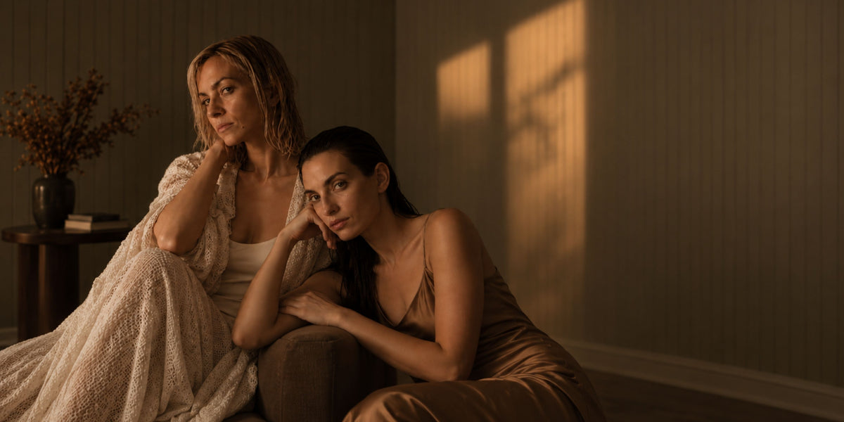 Two women sitting together in a dimly lit room with warm sunlight streaming across the wall.