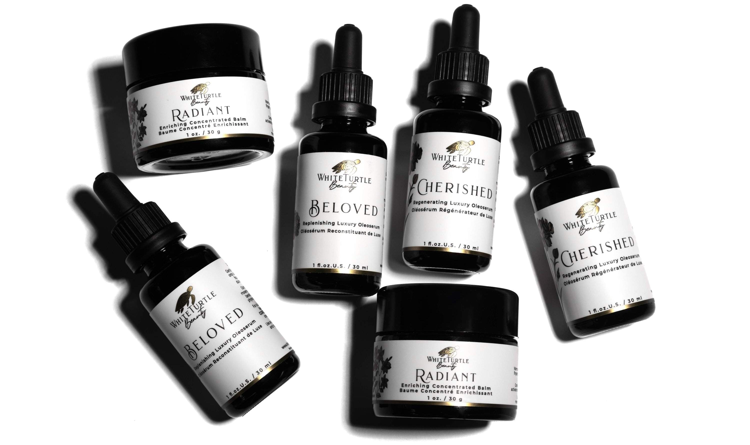 Collection of skincare products with labels on a white background