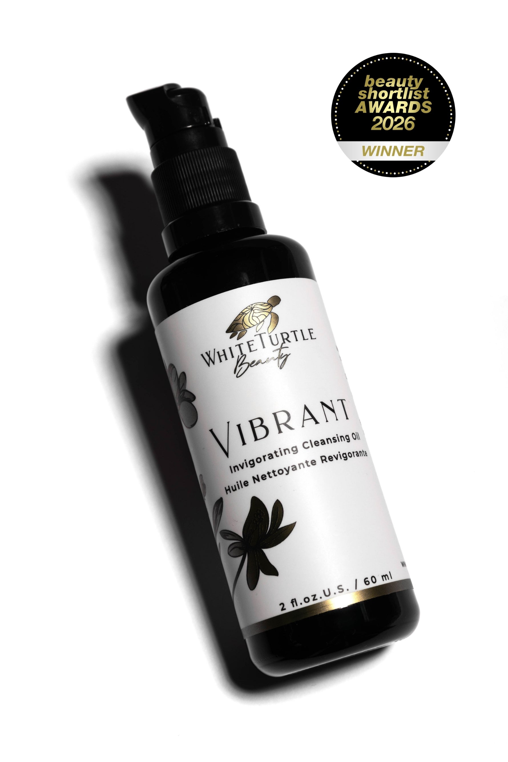 White Turtle Beauty Vibrant product bottle with award badge on a white background