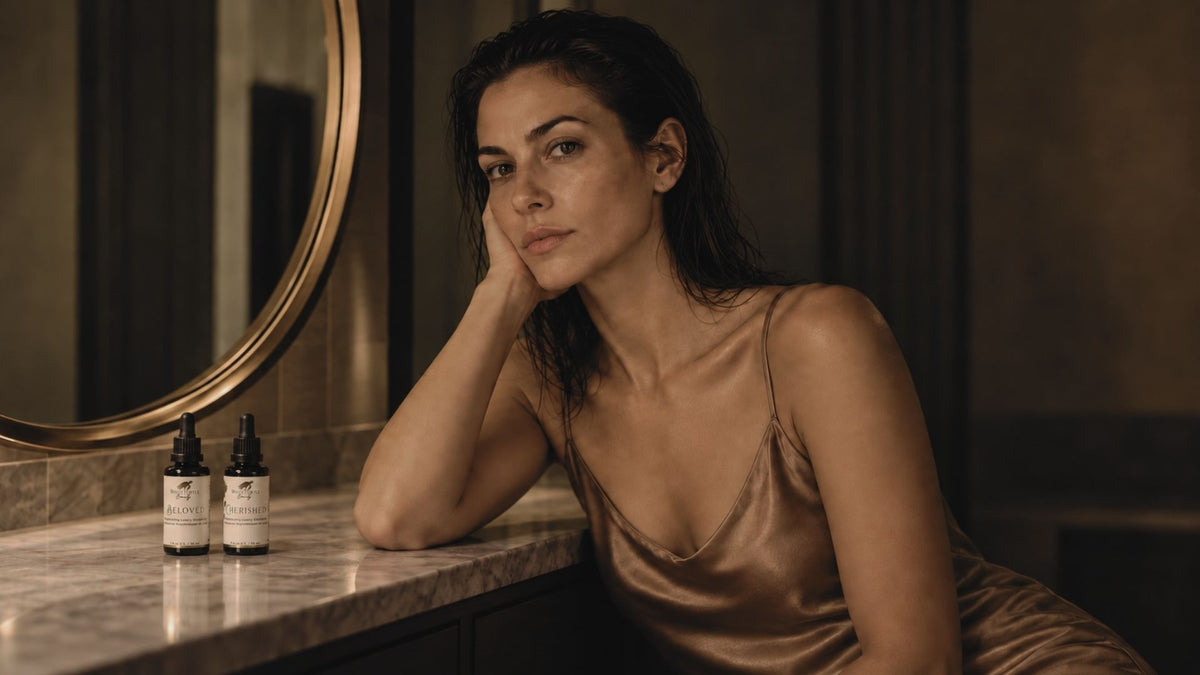 A woman in a satin slip dress leans on a marble counter in a dimly lit bathroom, 
