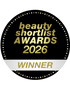 Badge for 'Beauty Shortlist Awards 2026 Winner' with gold text on a black background