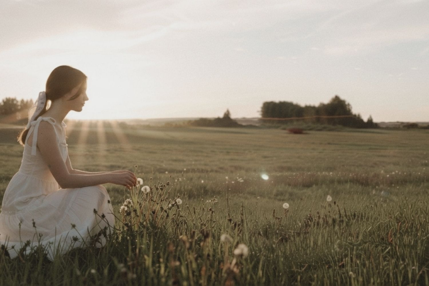 Woman gathering flowers in meditative state