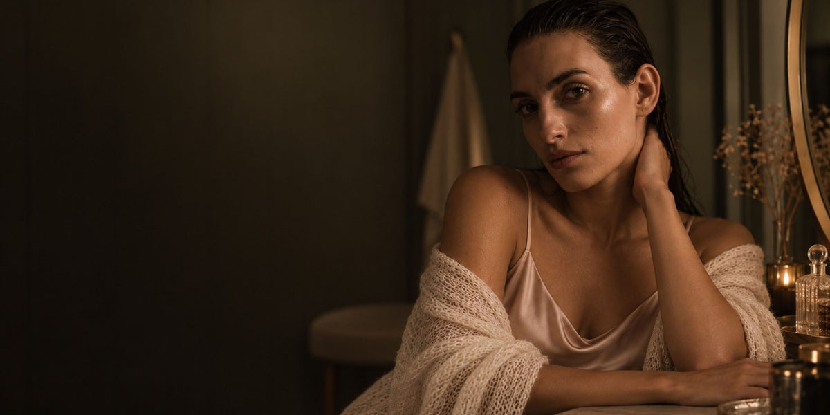 Woman looking forward with overwhelmed expression