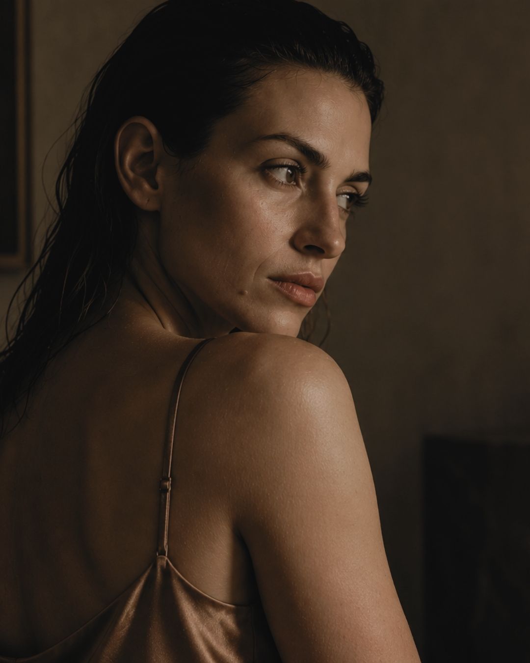 A close-up portrait of a woman with dark hair looking over her shoulder
