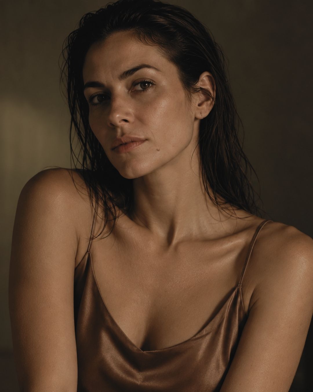 A close-up portrait of a woman with dark hair wearing a brown satin camisole 